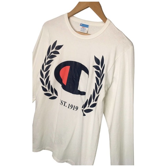 Champion Mens Small Heritage Logo Cotton Shirt Round Neck Long Sleeves White - Picture 6 of 12